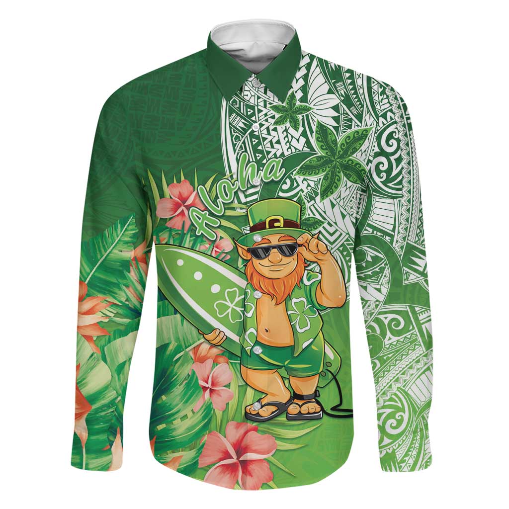 Aloha Hawaii St Patrick's Day Family Matching Off The Shoulder Long Sleeve Dress and Hawaiian Shirt Polynesian Style LT05 Dad's Shirt - Long Sleeve Green - Polynesian Pride