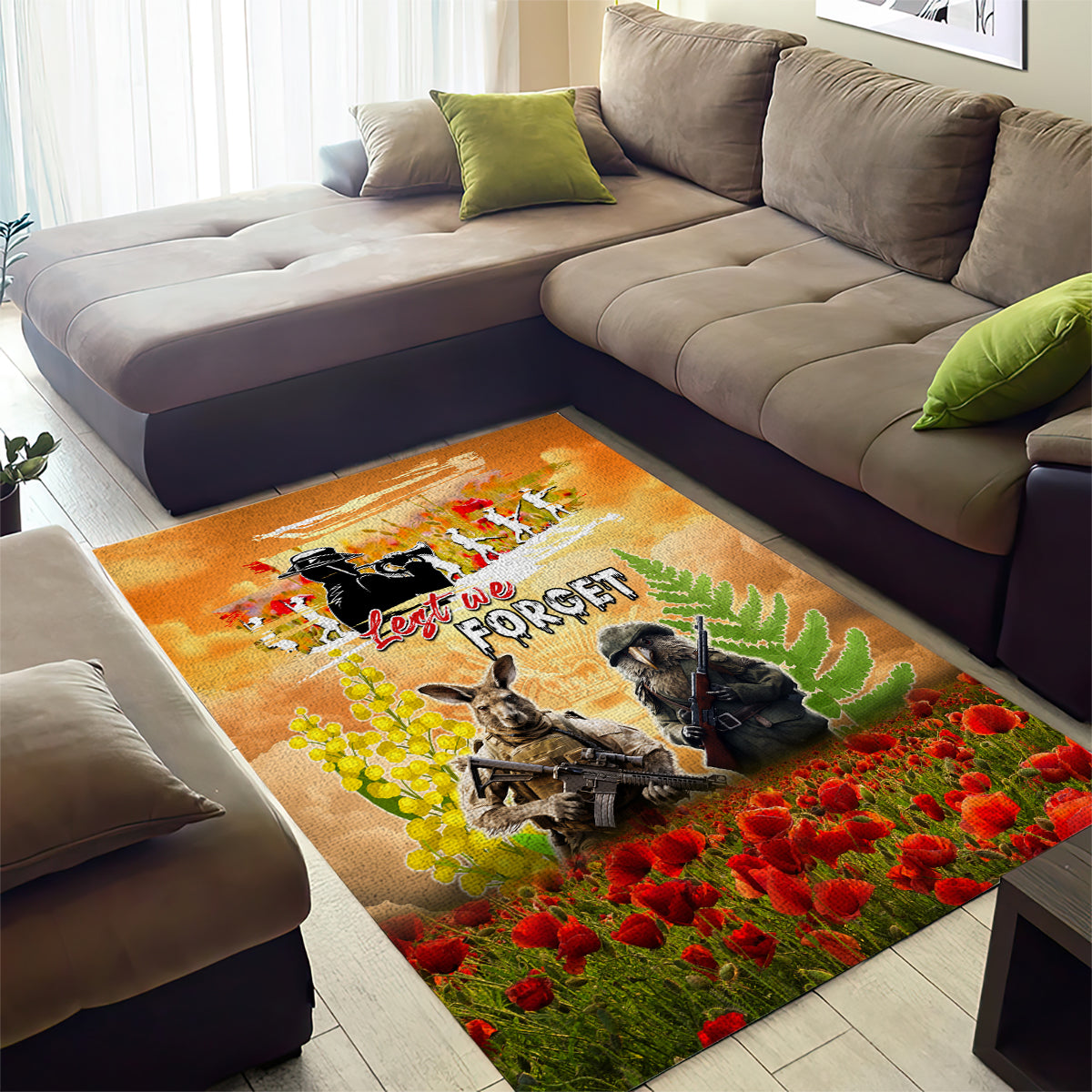 Australia And New Zealand ANZAC Day Area Rug Kangaroo And Kiwi Bird Soldiers Lest We Forget LT05 - Polynesian Pride