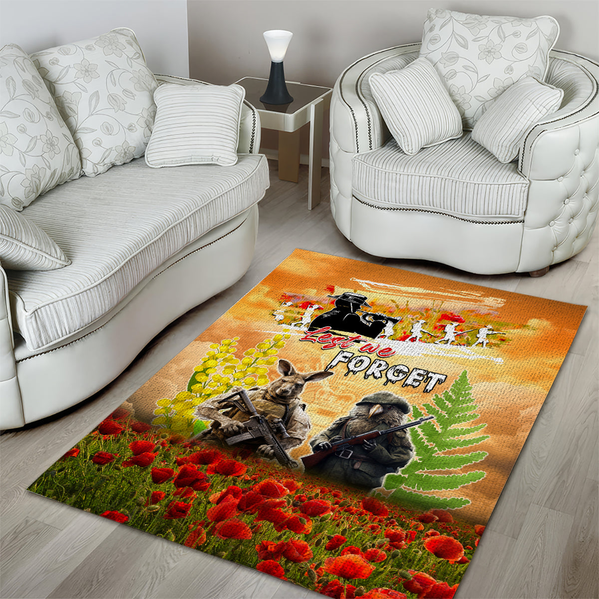 Australia And New Zealand ANZAC Day Area Rug Kangaroo And Kiwi Bird Soldiers Lest We Forget LT05 - Polynesian Pride
