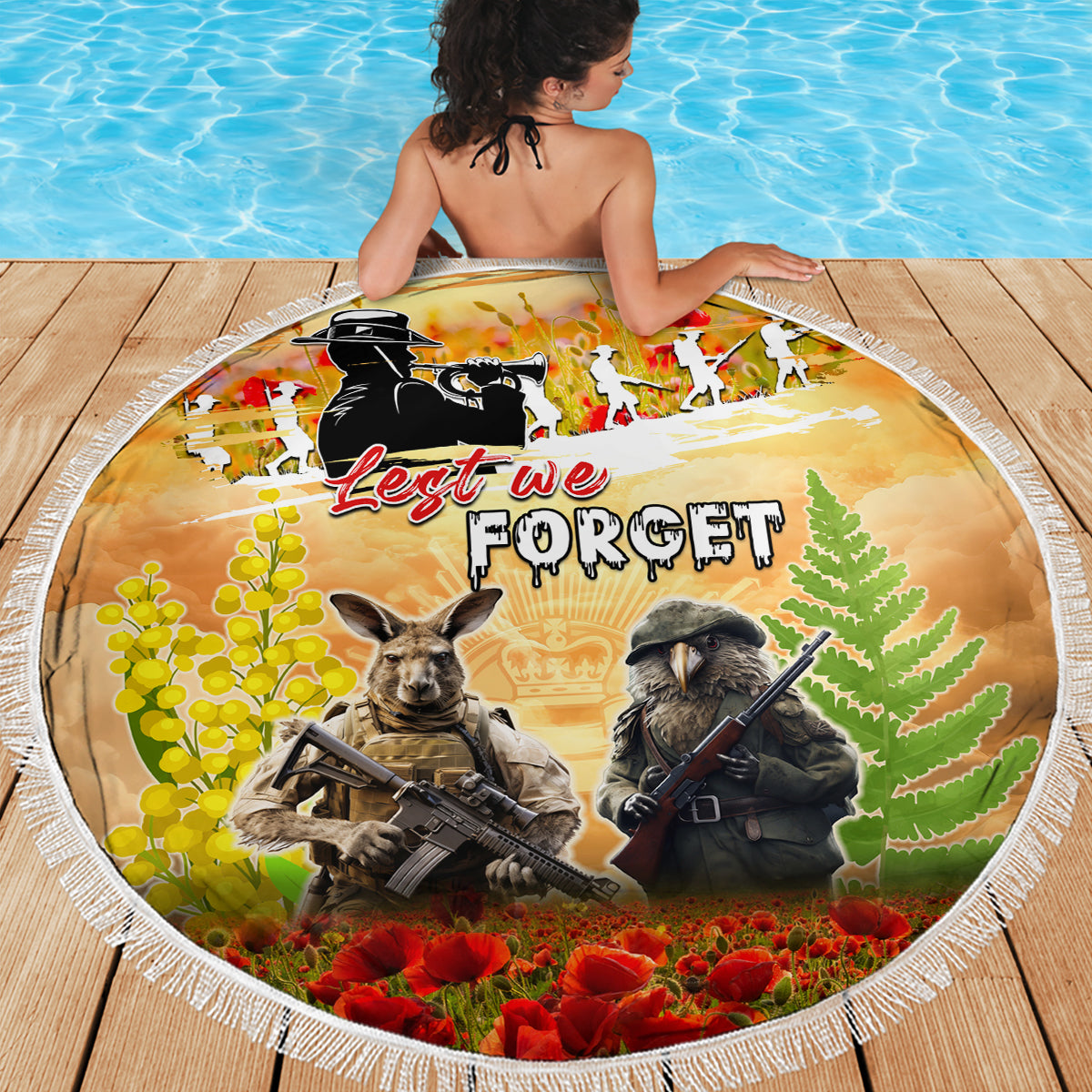 Australia And New Zealand ANZAC Day Beach Blanket Kangaroo And Kiwi Bird Soldiers Lest We Forget LT05 - Polynesian Pride