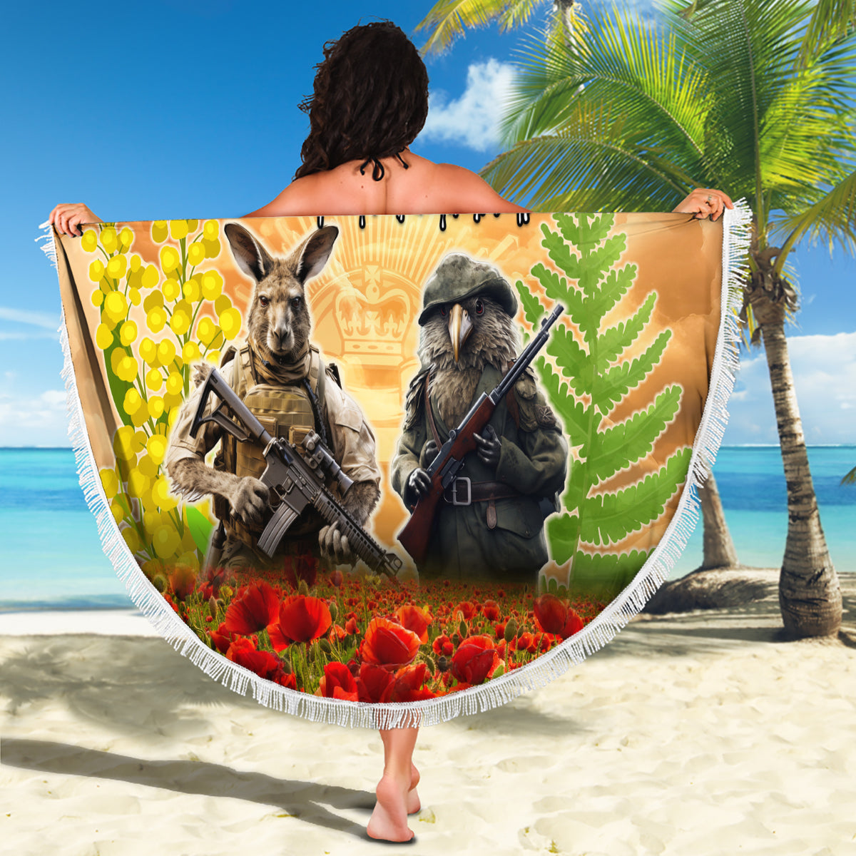 Australia And New Zealand ANZAC Day Beach Blanket Kangaroo And Kiwi Bird Soldiers Lest We Forget LT05 - Polynesian Pride