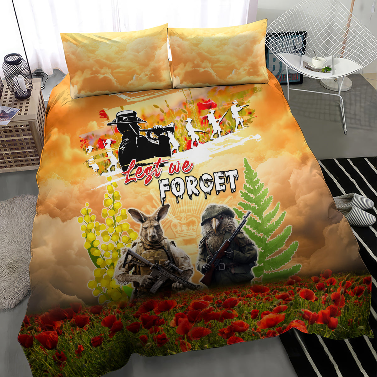 Australia And New Zealand ANZAC Day Bedding Set Kangaroo And Kiwi Bird Soldiers Lest We Forget LT05 - Polynesian Pride