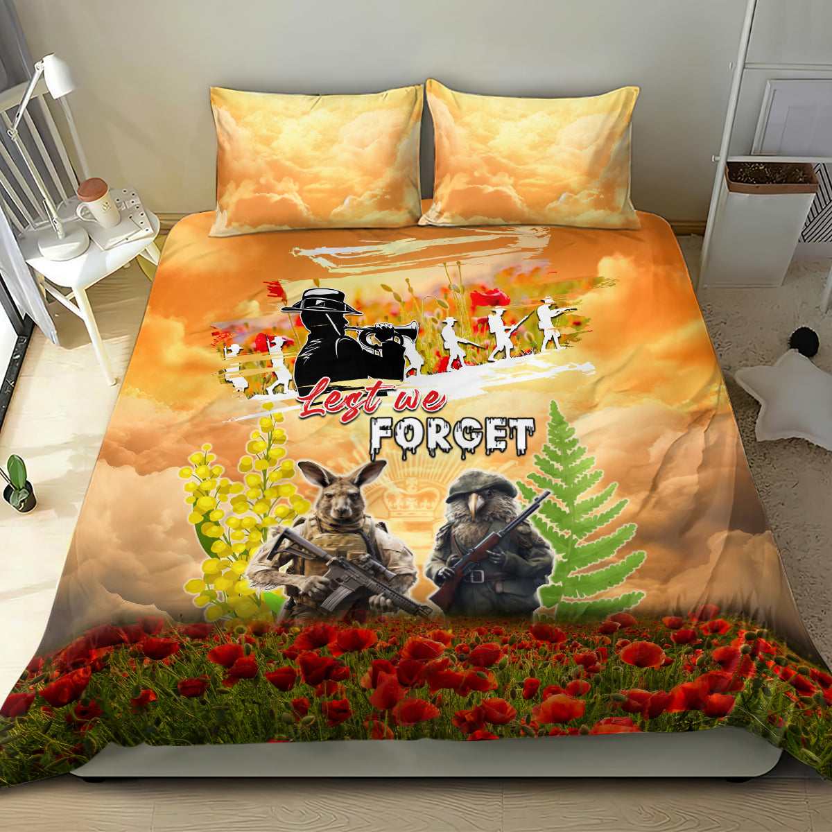 Australia And New Zealand ANZAC Day Bedding Set Kangaroo And Kiwi Bird Soldiers Lest We Forget LT05 - Polynesian Pride