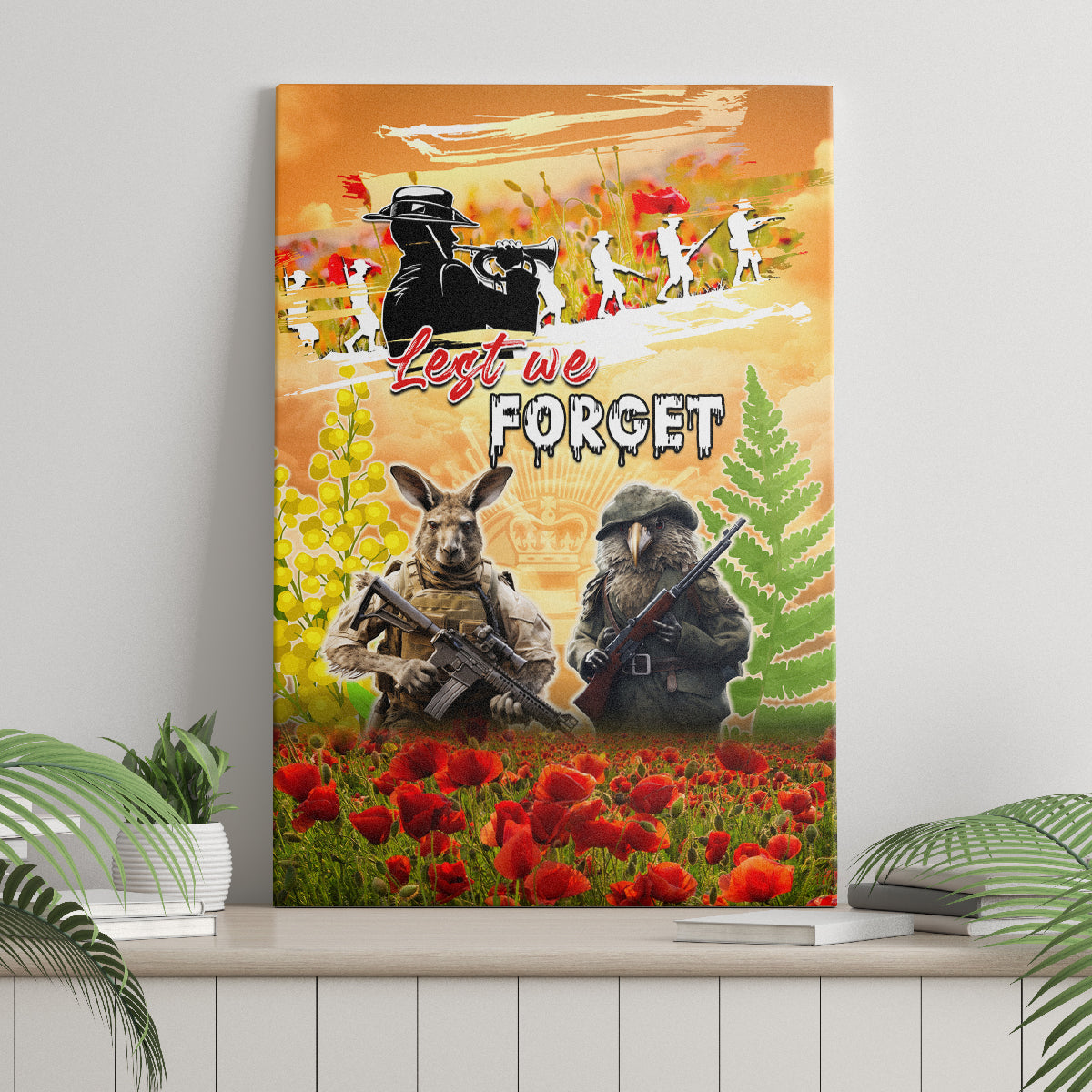 Australia And New Zealand ANZAC Day Canvas Wall Art Kangaroo And Kiwi Bird Soldiers Lest We Forget LT05 - Polynesian Pride