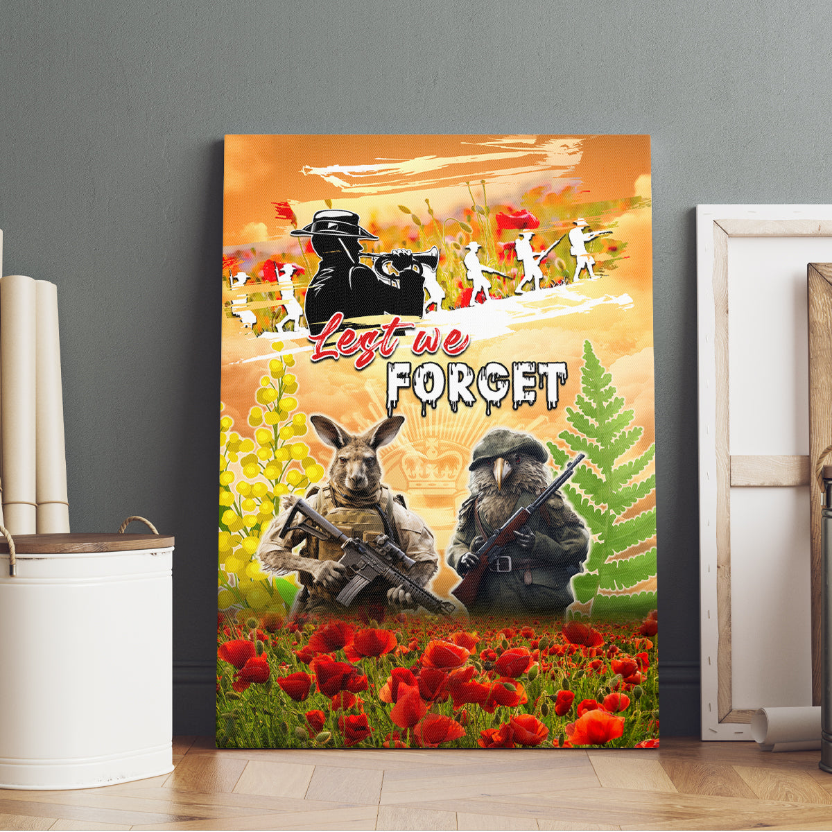 Australia And New Zealand ANZAC Day Canvas Wall Art Kangaroo And Kiwi Bird Soldiers Lest We Forget LT05 - Polynesian Pride