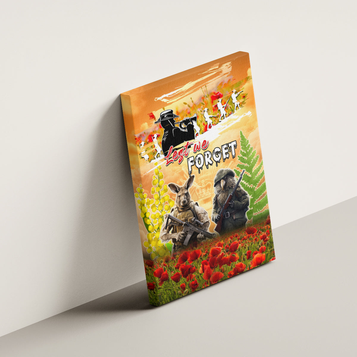 Australia And New Zealand ANZAC Day Canvas Wall Art Kangaroo And Kiwi Bird Soldiers Lest We Forget LT05 - Polynesian Pride