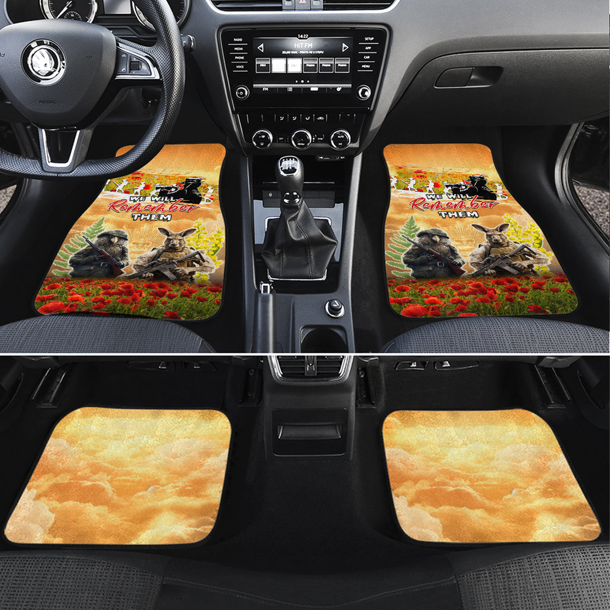Australia And New Zealand ANZAC Day Car Mats Kangaroo And Kiwi Bird Soldiers Lest We Forget LT05 Set 4pcs Yellow - Polynesian Pride