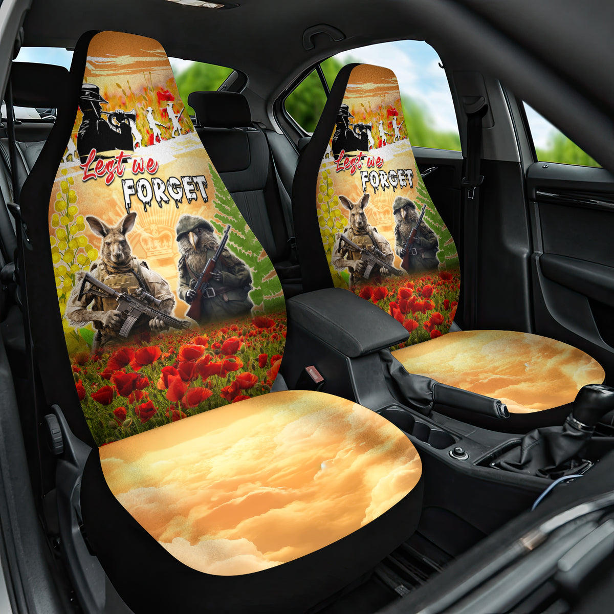 Australia And New Zealand ANZAC Day Car Seat Cover Kangaroo And Kiwi Bird Soldiers Lest We Forget LT05 One Size Yellow - Polynesian Pride