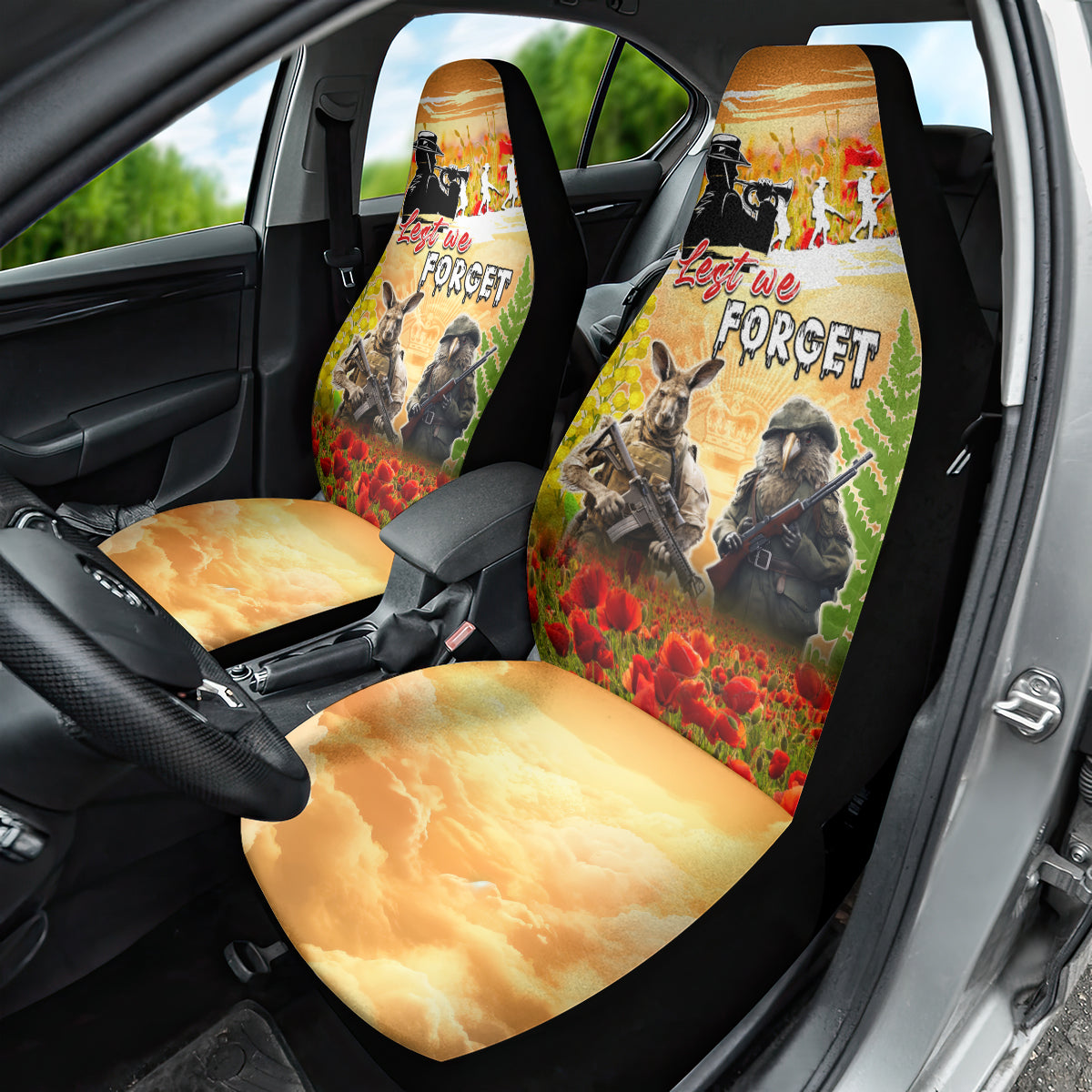 Australia And New Zealand ANZAC Day Car Seat Cover Kangaroo And Kiwi Bird Soldiers Lest We Forget LT05 - Polynesian Pride