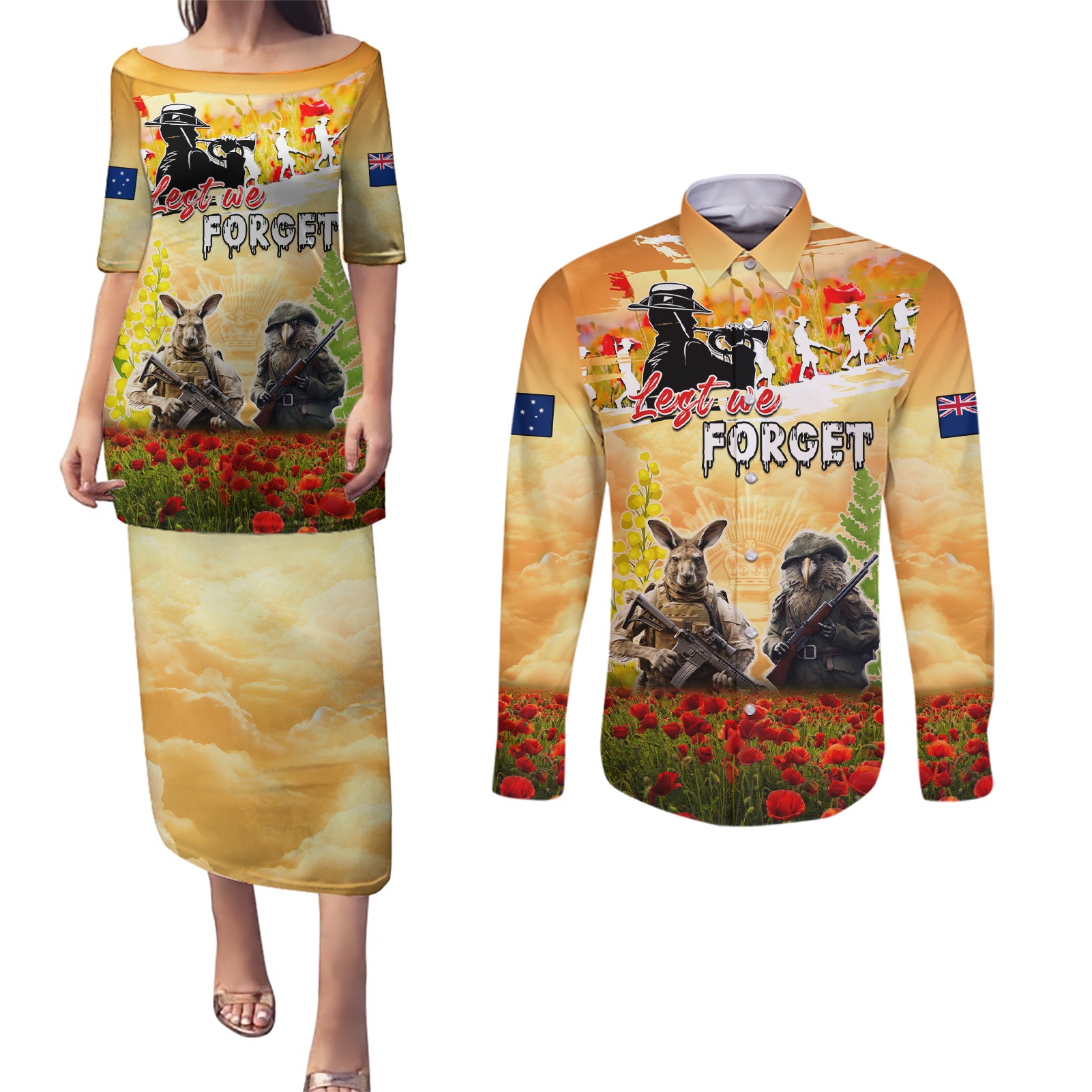 Australia And New Zealand ANZAC Day Couples Matching Puletasi and Long Sleeve Button Shirt Kangaroo And Kiwi Bird Soldiers Lest We Forget LT05 Yellow - Polynesian Pride