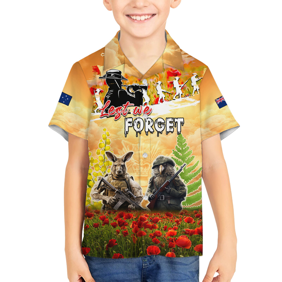 Australia And New Zealand ANZAC Day Family Matching Long Sleeve Bodycon Dress and Hawaiian Shirt Kangaroo And Kiwi Bird Soldiers Lest We Forget LT05 Son's Shirt Yellow - Polynesian Pride