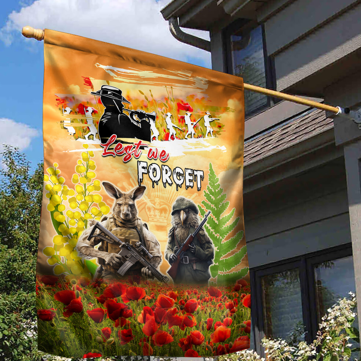 Australia And New Zealand ANZAC Day Garden Flag Kangaroo And Kiwi Bird Soldiers Lest We Forget LT05 - Polynesian Pride