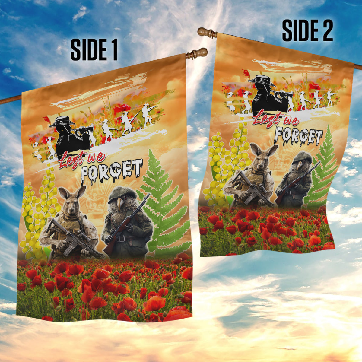 Australia And New Zealand ANZAC Day Garden Flag Kangaroo And Kiwi Bird Soldiers Lest We Forget LT05 - Polynesian Pride