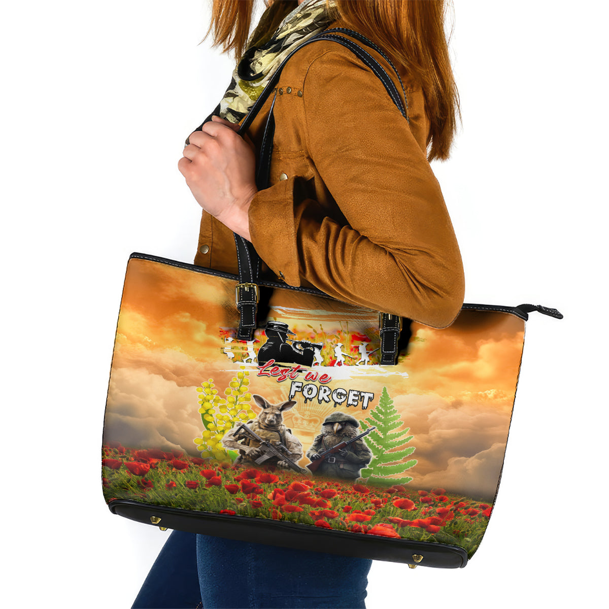 Australia And New Zealand ANZAC Day Leather Tote Bag Kangaroo And Kiwi Bird Soldiers Lest We Forget LT05 Yellow - Polynesian Pride