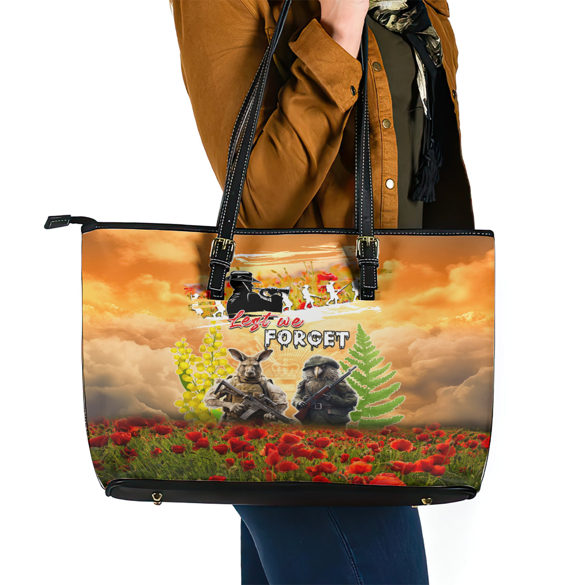 Australia And New Zealand ANZAC Day Leather Tote Bag Kangaroo And Kiwi Bird Soldiers Lest We Forget LT05 - Polynesian Pride
