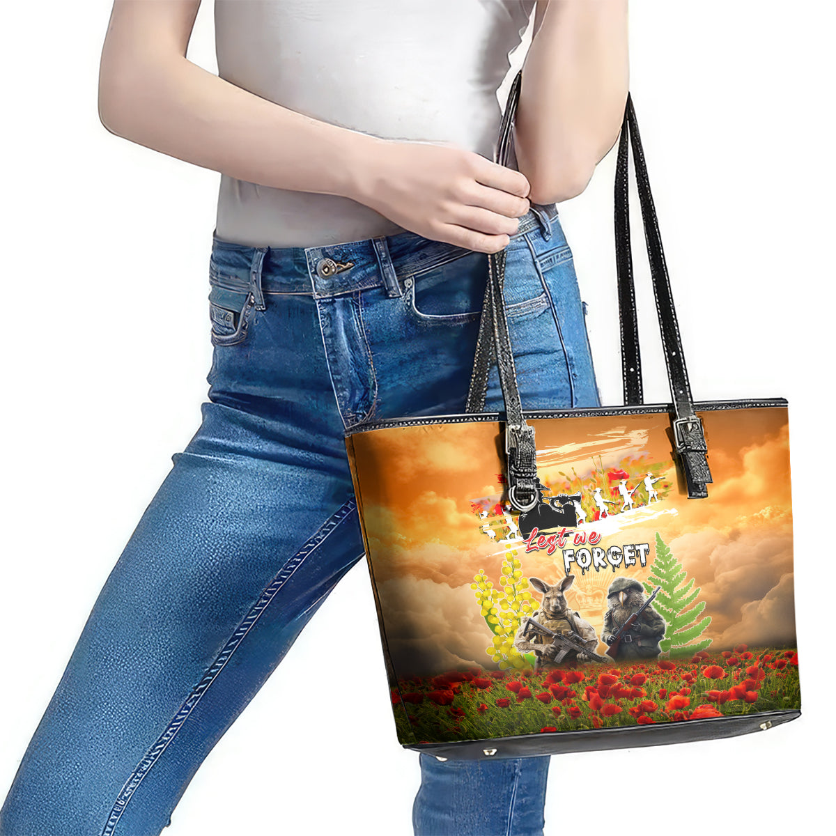 Australia And New Zealand ANZAC Day Leather Tote Bag Kangaroo And Kiwi Bird Soldiers Lest We Forget LT05 - Polynesian Pride