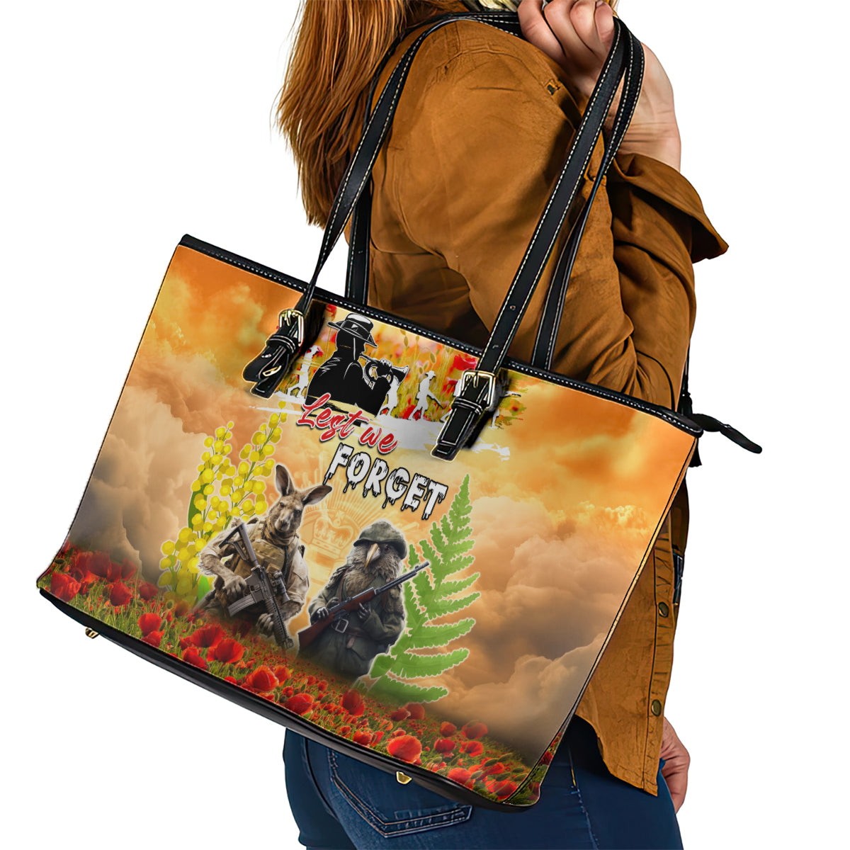Australia And New Zealand ANZAC Day Leather Tote Bag Kangaroo And Kiwi Bird Soldiers Lest We Forget LT05 - Polynesian Pride