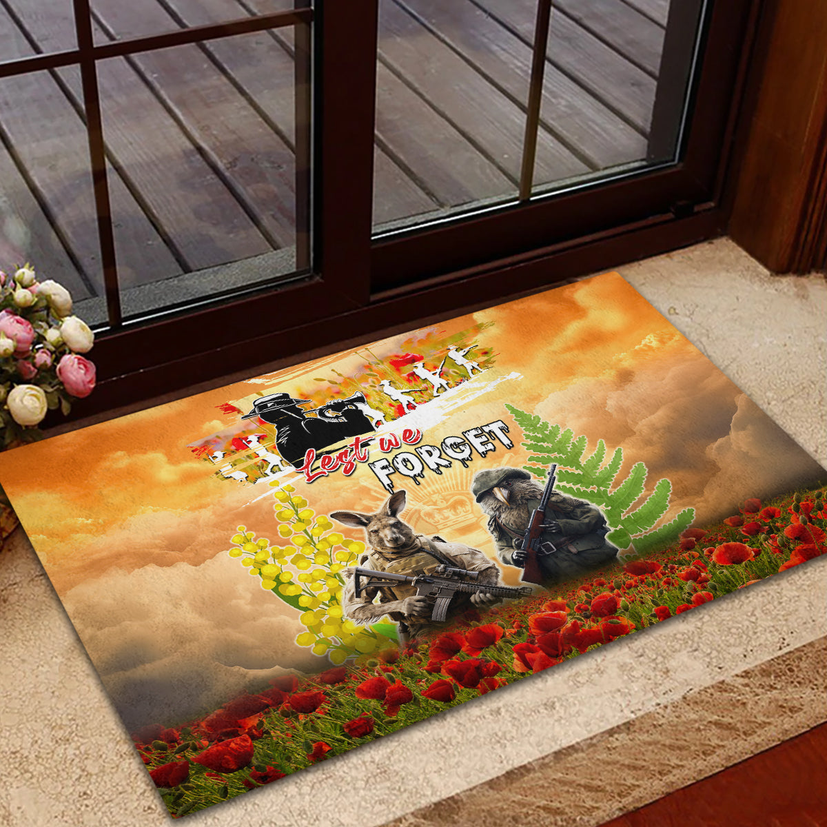 Australia And New Zealand ANZAC Day Rubber Doormat Kangaroo And Kiwi Bird Soldiers Lest We Forget LT05 - Polynesian Pride