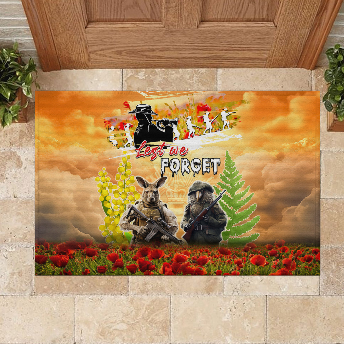 Australia And New Zealand ANZAC Day Rubber Doormat Kangaroo And Kiwi Bird Soldiers Lest We Forget LT05 - Polynesian Pride
