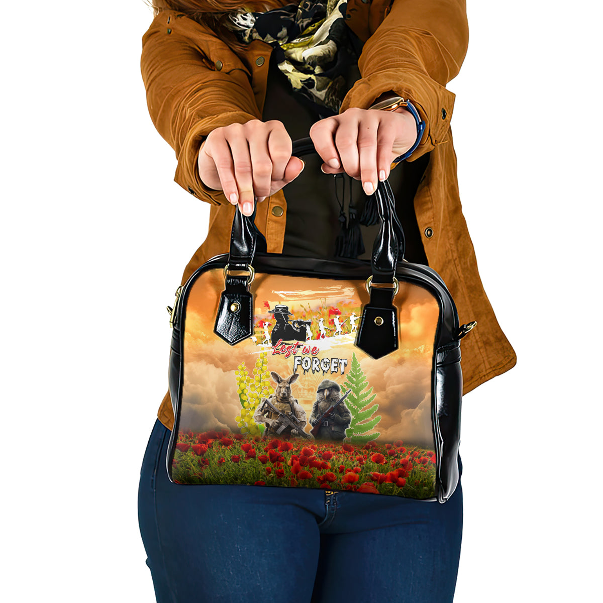 Australia And New Zealand ANZAC Day Shoulder Handbag Kangaroo And Kiwi Bird Soldiers Lest We Forget LT05 One Size Yellow - Polynesian Pride