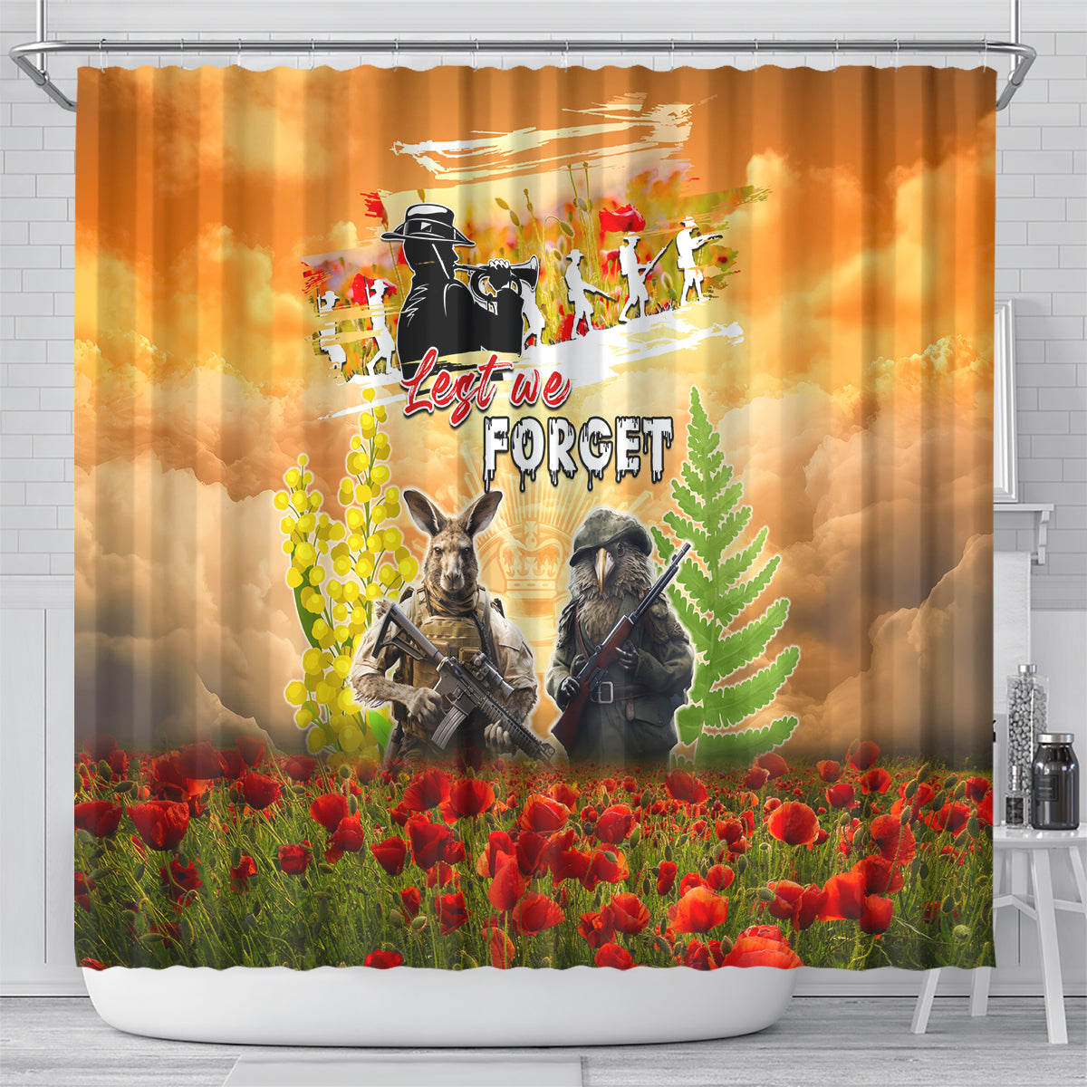 Australia And New Zealand ANZAC Day Shower Curtain Kangaroo And Kiwi Bird Soldiers Lest We Forget LT05 - Polynesian Pride