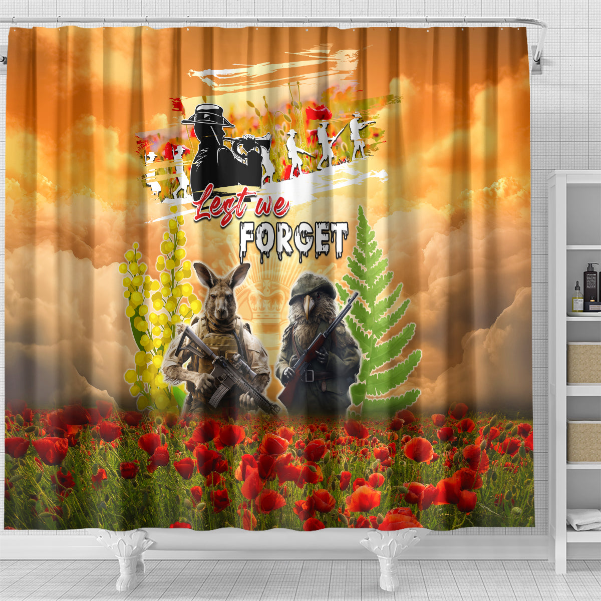 Australia And New Zealand ANZAC Day Shower Curtain Kangaroo And Kiwi Bird Soldiers Lest We Forget LT05 - Polynesian Pride