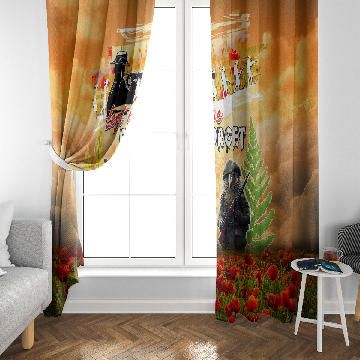 Australia And New Zealand ANZAC Day Window Curtain Kangaroo And Kiwi Bird Soldiers Lest We Forget LT05 - Polynesian Pride