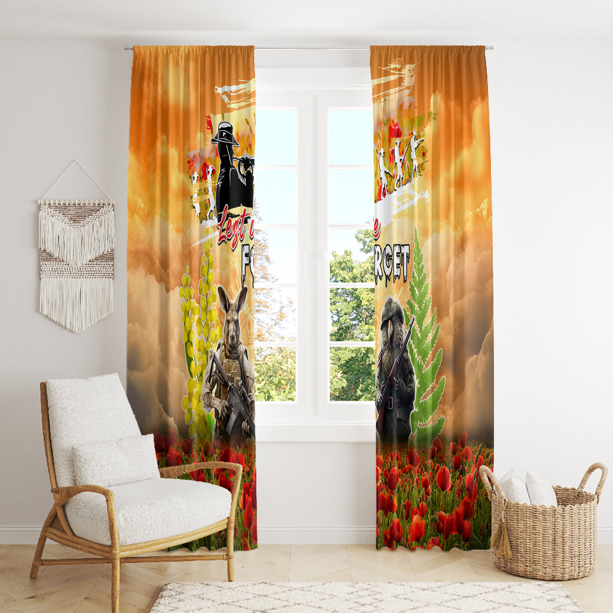 Australia And New Zealand ANZAC Day Window Curtain Kangaroo And Kiwi Bird Soldiers Lest We Forget LT05 - Polynesian Pride