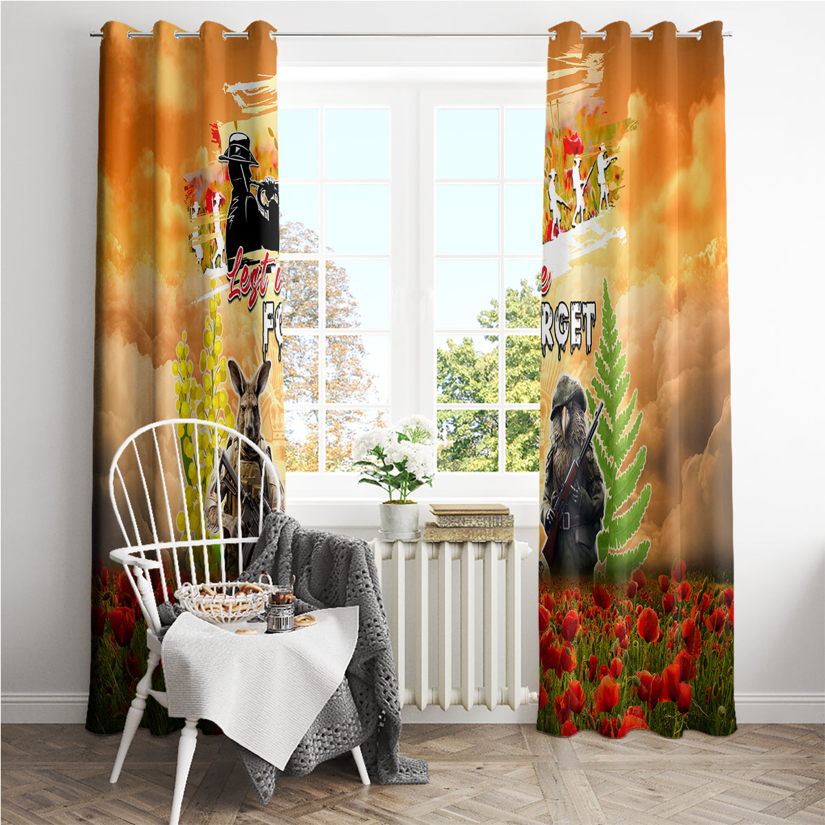 Australia And New Zealand ANZAC Day Window Curtain Kangaroo And Kiwi Bird Soldiers Lest We Forget LT05 - Polynesian Pride