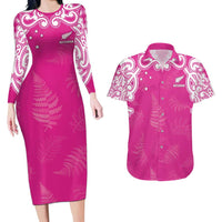 New Zealand Fern Women Rugby Custom Couples Matching Long Sleeve Bodycon Dress and Hawaiian Shirt Pink Maori Pattern LT05 Pink - Polynesian Pride