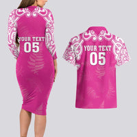 New Zealand Fern Women Rugby Custom Couples Matching Long Sleeve Bodycon Dress and Hawaiian Shirt Pink Maori Pattern LT05 - Polynesian Pride