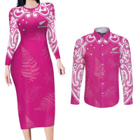 New Zealand Fern Women Rugby Custom Couples Matching Long Sleeve Bodycon Dress and Long Sleeve Button Shirt Pink Maori Pattern LT05 Pink - Polynesian Pride