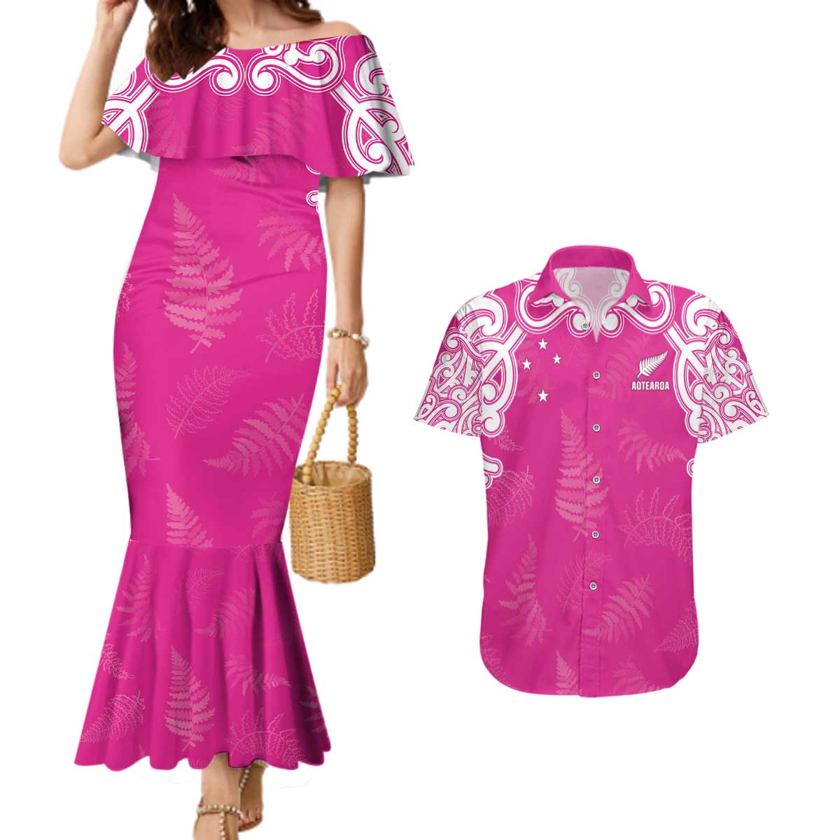 New Zealand Fern Women Rugby Custom Couples Matching Mermaid Dress and Hawaiian Shirt Pink Maori Pattern LT05 Pink - Polynesian Pride