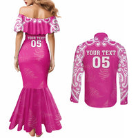 New Zealand Fern Women Rugby Custom Couples Matching Mermaid Dress and Long Sleeve Button Shirt Pink Maori Pattern LT05 - Polynesian Pride