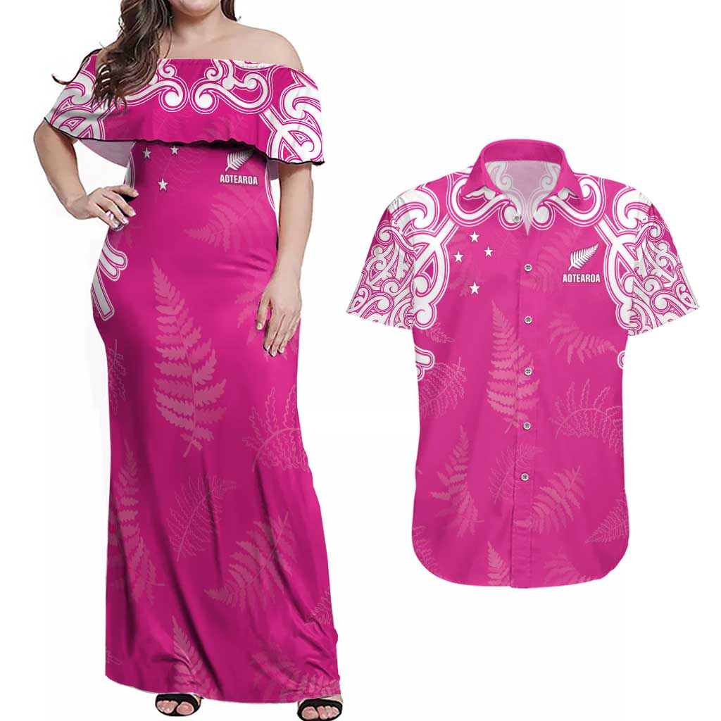 New Zealand Fern Women Rugby Custom Couples Matching Off Shoulder Maxi Dress and Hawaiian Shirt Pink Maori Pattern LT05 Pink - Polynesian Pride