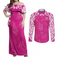 New Zealand Fern Women Rugby Custom Couples Matching Off Shoulder Maxi Dress and Long Sleeve Button Shirt Pink Maori Pattern LT05 Pink - Polynesian Pride