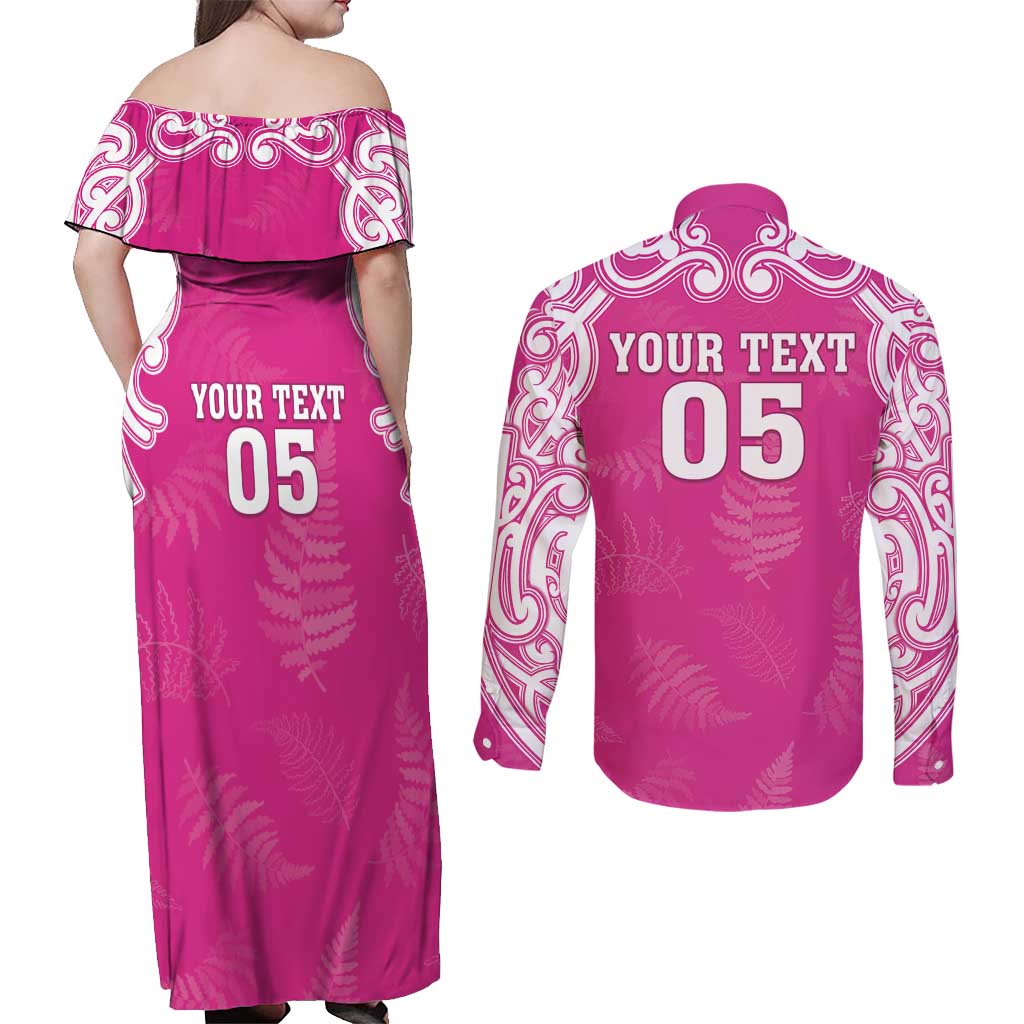 New Zealand Fern Women Rugby Custom Couples Matching Off Shoulder Maxi Dress and Long Sleeve Button Shirt Pink Maori Pattern LT05 - Polynesian Pride