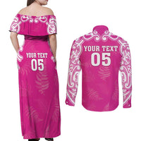 New Zealand Fern Women Rugby Custom Couples Matching Off Shoulder Maxi Dress and Long Sleeve Button Shirt Pink Maori Pattern LT05 - Polynesian Pride