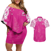 New Zealand Fern Women Rugby Custom Couples Matching Off Shoulder Short Dress and Hawaiian Shirt Pink Maori Pattern LT05 Pink - Polynesian Pride