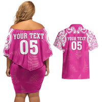 New Zealand Fern Women Rugby Custom Couples Matching Off Shoulder Short Dress and Hawaiian Shirt Pink Maori Pattern LT05 - Polynesian Pride