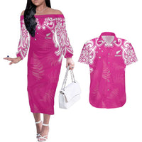 New Zealand Fern Women Rugby Custom Couples Matching Off The Shoulder Long Sleeve Dress and Hawaiian Shirt Pink Maori Pattern LT05 Pink - Polynesian Pride