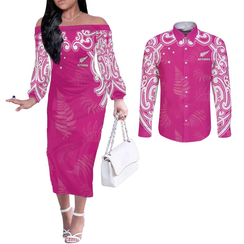 New Zealand Fern Women Rugby Custom Couples Matching Off The Shoulder Long Sleeve Dress and Long Sleeve Button Shirt Pink Maori Pattern LT05 Pink - Polynesian Pride