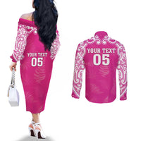 New Zealand Fern Women Rugby Custom Couples Matching Off The Shoulder Long Sleeve Dress and Long Sleeve Button Shirt Pink Maori Pattern LT05 - Polynesian Pride