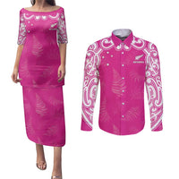 New Zealand Fern Women Rugby Custom Couples Matching Puletasi and Long Sleeve Button Shirt Pink Maori Pattern LT05 Pink - Polynesian Pride
