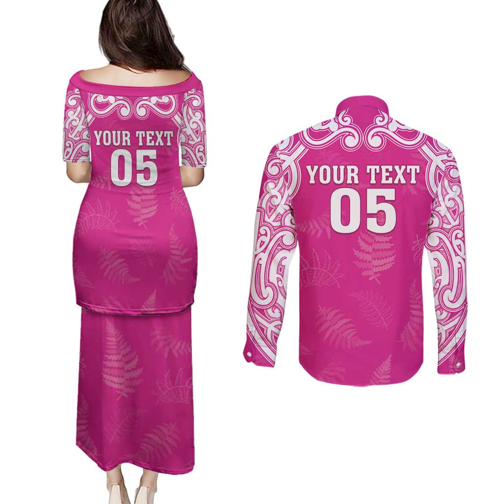 New Zealand Fern Women Rugby Custom Couples Matching Puletasi and Long Sleeve Button Shirt Pink Maori Pattern LT05 - Polynesian Pride