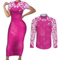 New Zealand Fern Women Rugby Custom Couples Matching Short Sleeve Bodycon Dress and Long Sleeve Button Shirt Pink Maori Pattern LT05 Pink - Polynesian Pride