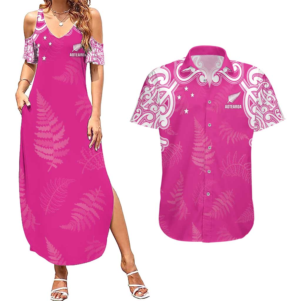 New Zealand Fern Women Rugby Custom Couples Matching Summer Maxi Dress and Hawaiian Shirt Pink Maori Pattern LT05 Pink - Polynesian Pride