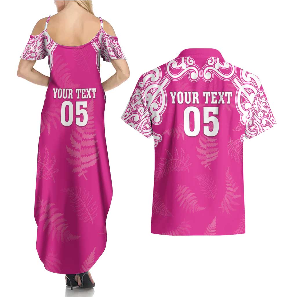 New Zealand Fern Women Rugby Custom Couples Matching Summer Maxi Dress and Hawaiian Shirt Pink Maori Pattern LT05 - Polynesian Pride