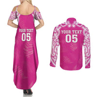 New Zealand Fern Women Rugby Custom Couples Matching Summer Maxi Dress and Long Sleeve Button Shirt Pink Maori Pattern LT05 - Polynesian Pride