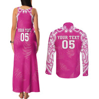New Zealand Fern Women Rugby Custom Couples Matching Tank Maxi Dress and Long Sleeve Button Shirt Pink Maori Pattern LT05 - Polynesian Pride